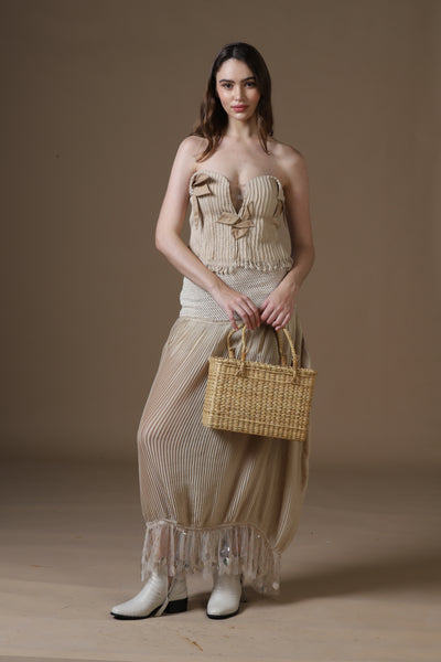 Artisan Corded Bustier & Plissé Maxi Skirt Set with Hand-Embroidered Sequins