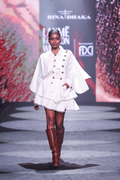 Seersucker Double-Breasted Jacket & Pompom Edge Mini Skirt Set