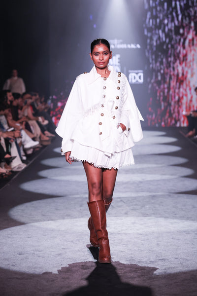 Seersucker Double-Breasted Jacket & Pompom Edge Mini Skirt Set