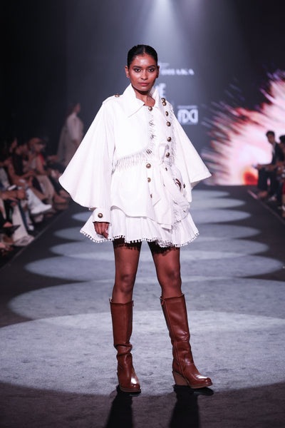 Seersucker Double-Breasted Jacket & Pompom Edge Mini Skirt Set