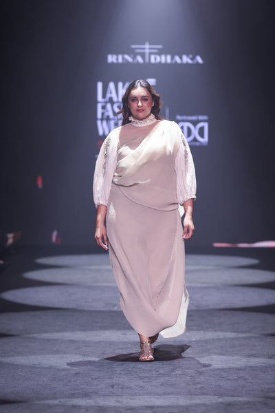 Plisse Cowl Hem Designer Dress with Crinkle Sleeve & Appliqué Embroidery