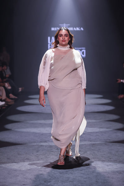 Plisse Cowl Hem Designer Dress with Crinkle Sleeve & Appliqué Embroidery