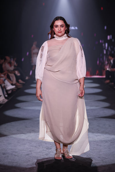 Plisse Cowl Hem Designer Dress with Crinkle Sleeve & Appliqué Embroidery