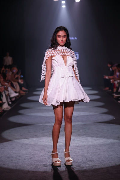 Cotton Crepe Strapless Baby Doll Mini Dress with 3D Floral Appliqué