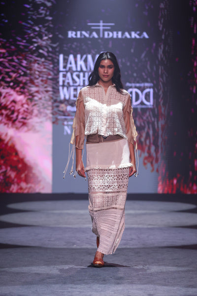 Cotton Lace Crochet Patchwork Maxi Skirt & Cutwork Blouse Set