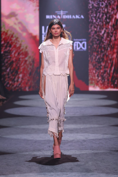 Taj Bootie Embroidered Cotton Blouse & Crinkled Dori-Tuck Pants Set