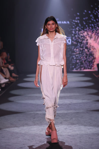 Taj Bootie Embroidered Cotton Blouse & Crinkled Dori-Tuck Pants Set