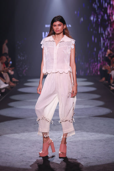 Taj Bootie Embroidered Cotton Blouse & Crinkled Dori-Tuck Pants Set