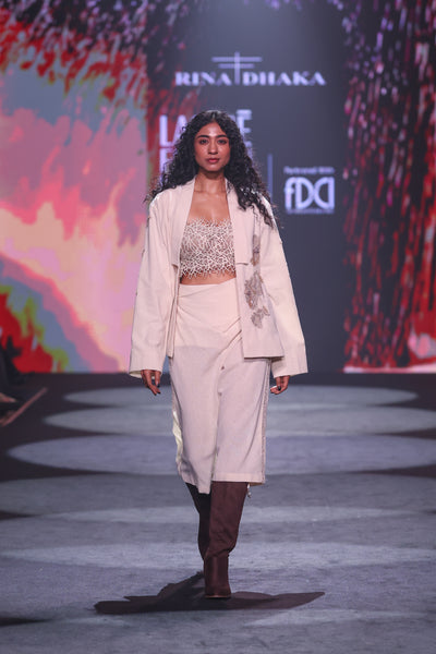 Artisanal Hand-Embroidered Open Kimono Jacket & Cream Handloom Trousers Set