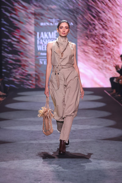 Khaki Poplin Jodhpur-Style Pants & Embroidered Cowl Blouse Set