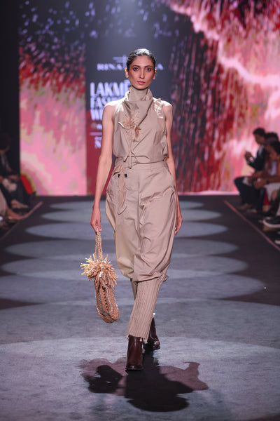 Khaki Poplin Jodhpur-Style Pants & Embroidered Cowl Blouse Set