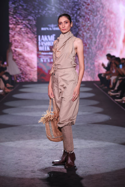 Khaki Poplin Jodhpur-Style Pants & Embroidered Cowl Blouse Set