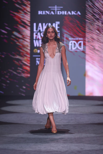 Hand-Embroidered Cotton Crepe Maxi Dress with Silver Fine Beadwork