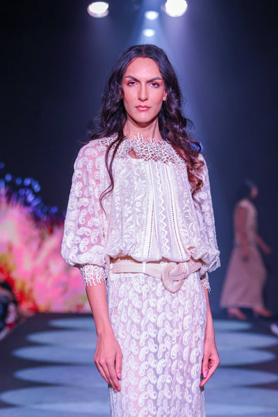 Lace Net Maxi Dress with Cotton Thread Embroidery