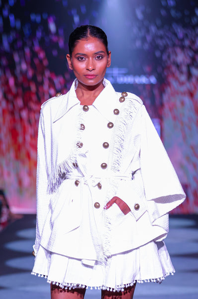 Seersucker Double-Breasted Jacket & Pompom Edge Mini Skirt Set