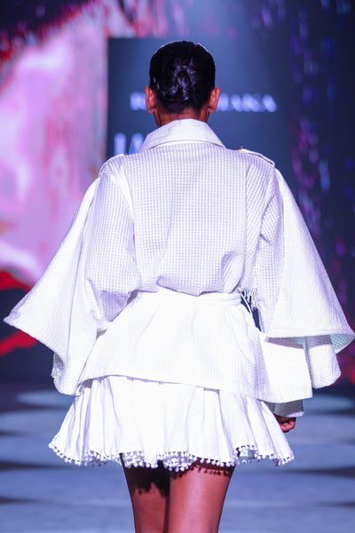 Seersucker Double-Breasted Jacket & Pompom Edge Mini Skirt Set