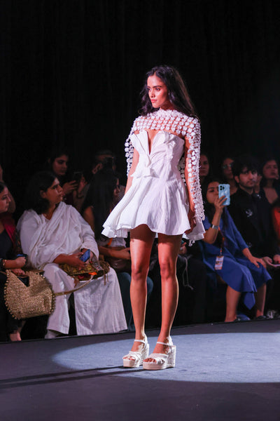 Cotton Crepe Strapless Baby Doll Mini Dress with 3D Floral Appliqué