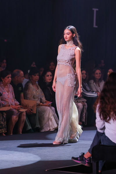 Cutwork Yoke Crochet Net Maxi Sheer Statement Dress