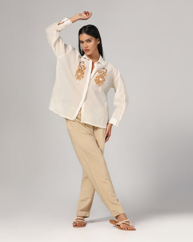 Women'S White Embellished Embroidery Shirt