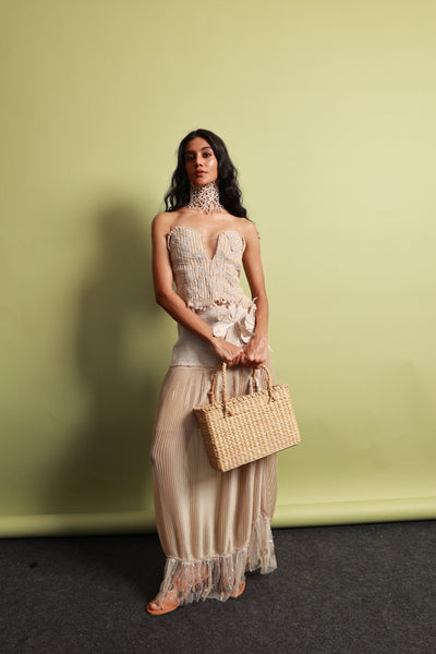 Artisan Corded Bustier & Plissé Maxi Skirt Set with Hand-Embroidered Sequins