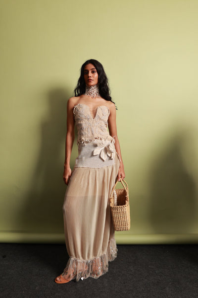 Artisan Corded Bustier & Plissé Maxi Skirt Set with Hand-Embroidered Sequins