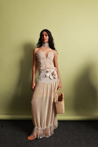 Artisan Corded Bustier & Plissé Maxi Skirt Set with Hand-Embroidered Sequins