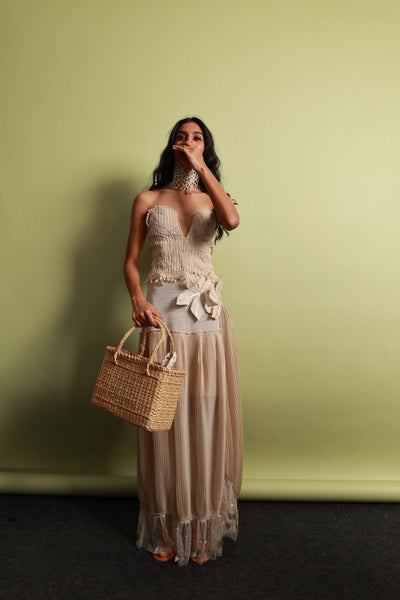 Artisan Corded Bustier & Plissé Maxi Skirt Set with Hand-Embroidered Sequins