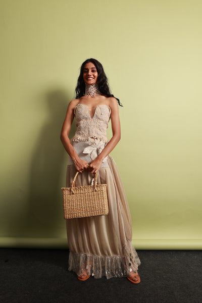 Artisan Corded Bustier & Plissé Maxi Skirt Set with Hand-Embroidered Sequins