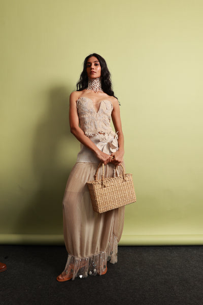 Artisan Corded Bustier & Plissé Maxi Skirt Set with Hand-Embroidered Sequins