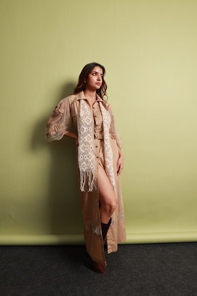 Khaki Poplin Shirt Dress with Sheer Appliqué and 3D Taj Bootie Embroidery