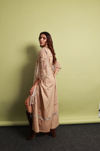 Khaki Poplin Shirt Dress with Sheer Appliqué and 3D Taj Bootie Embroidery