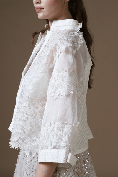 Sequin Embroidered Maxi Skirt, Satin Bra & Seersucker Cutwork Jacket Set