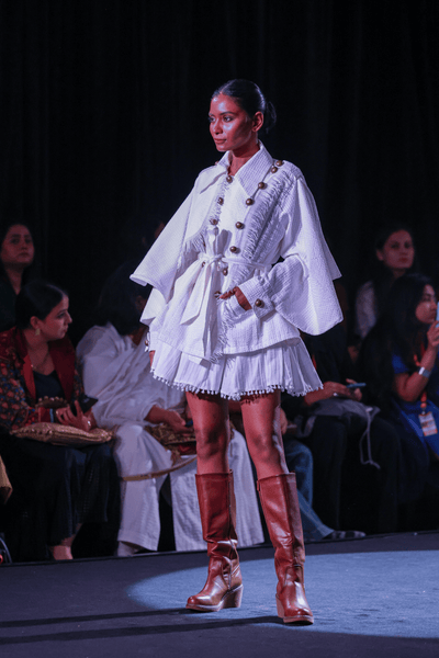 Seersucker Double-Breasted Jacket & Pompom Edge Mini Skirt Set