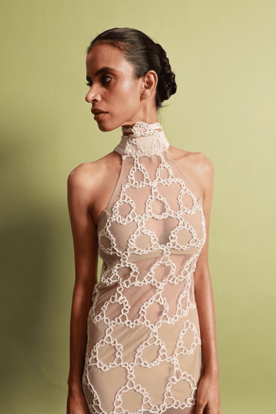 Sheer Halter Dress with All-Over Taj Jaali Design Embroidery