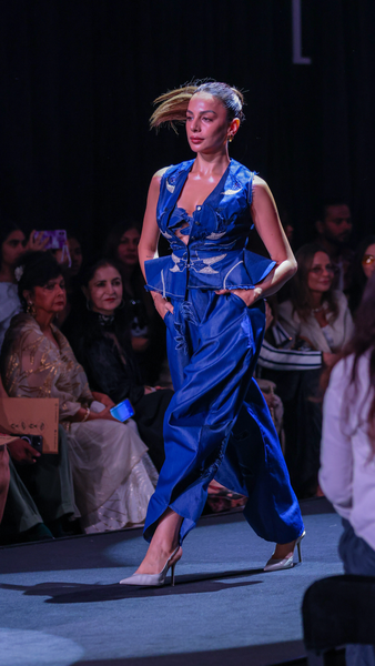 Artisanal Denim Balloon Pants, Bralette & Cutwork Waistcoat Set