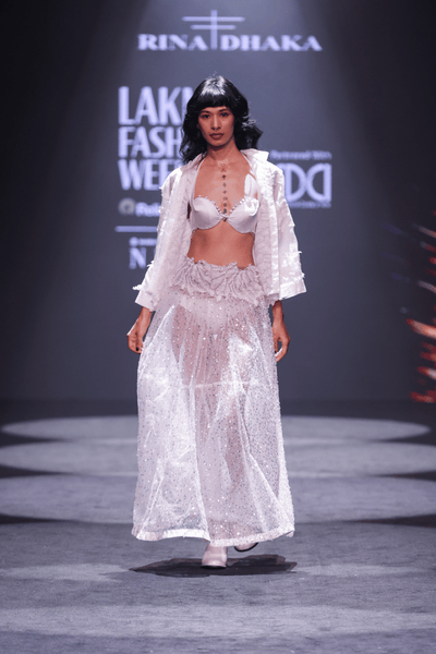 Sequin Embroidered Maxi Skirt, Satin Bra & Seersucker Cutwork Jacket Set