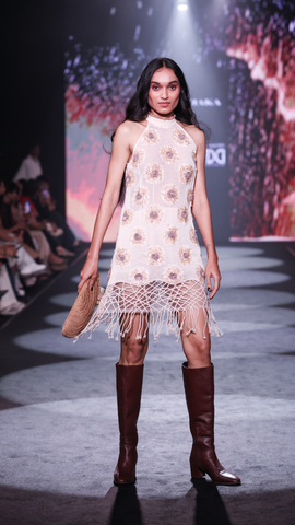 Cotton Woven Lace Mini Dress with All-Over Handwork and Dori Jaal Hem