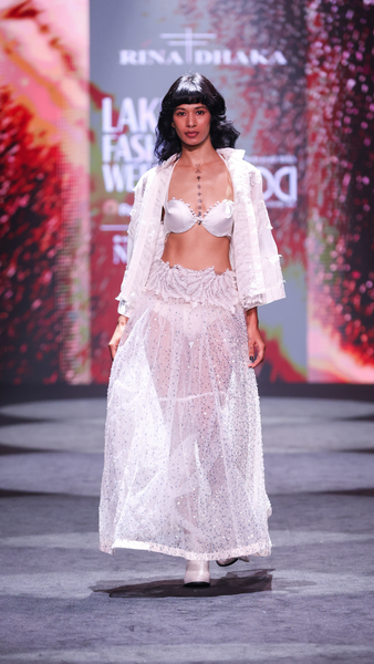 Sequin Embroidered Maxi Skirt, Satin Bra & Seersucker Cutwork Jacket Set