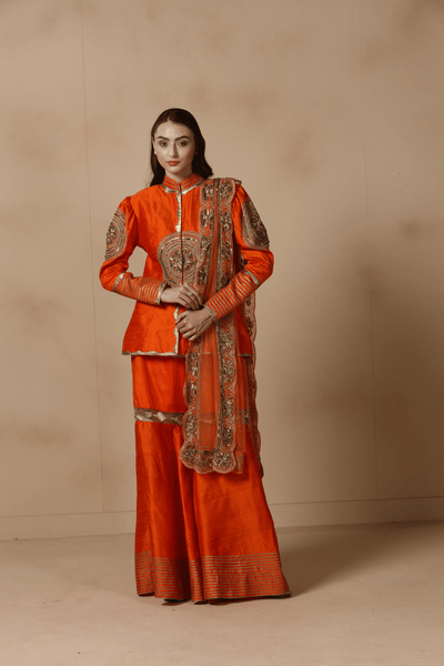 Sunset Orange Raw Silk Sharara Set