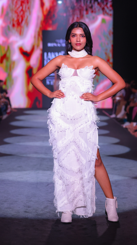 Handloom Cotton Woven Fringe Maxi Dress with Leaf Lace Bralette