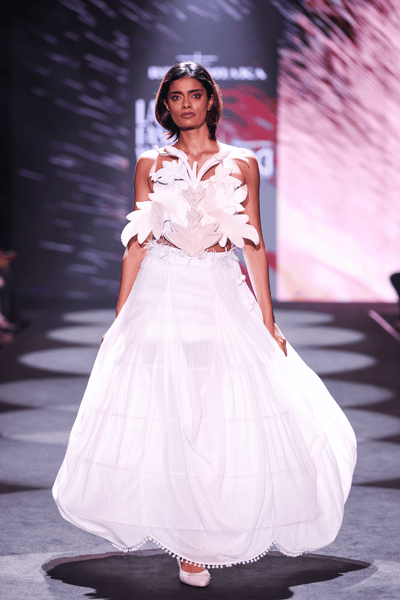 Artisanal Carved Wood Bustier & Dhoti Cowl Cotton Crepe Skirt Set