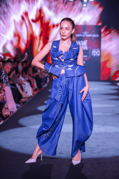 Artisanal Denim Balloon Pants, Bralette & Cutwork Waistcoat Set