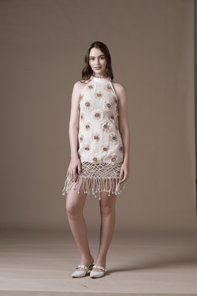 Cotton Woven Lace Mini Dress with All-Over Handwork and Dori Jaal Hem