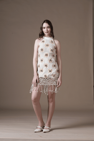 Cotton Woven Lace Mini Dress with All-Over Handwork and Dori Jaal Hem