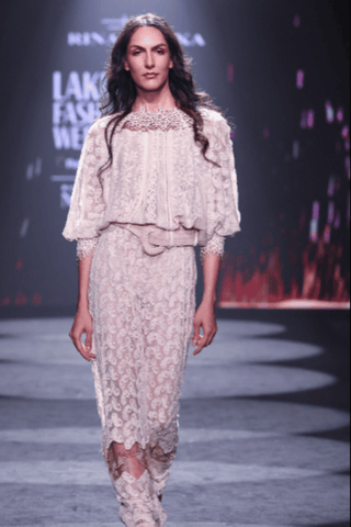 Lace Net Maxi Dress with Cotton Thread Embroidery