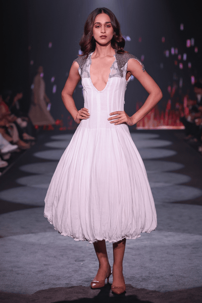 Hand-Embroidered Cotton Crepe Maxi Dress with Silver Fine Beadwork