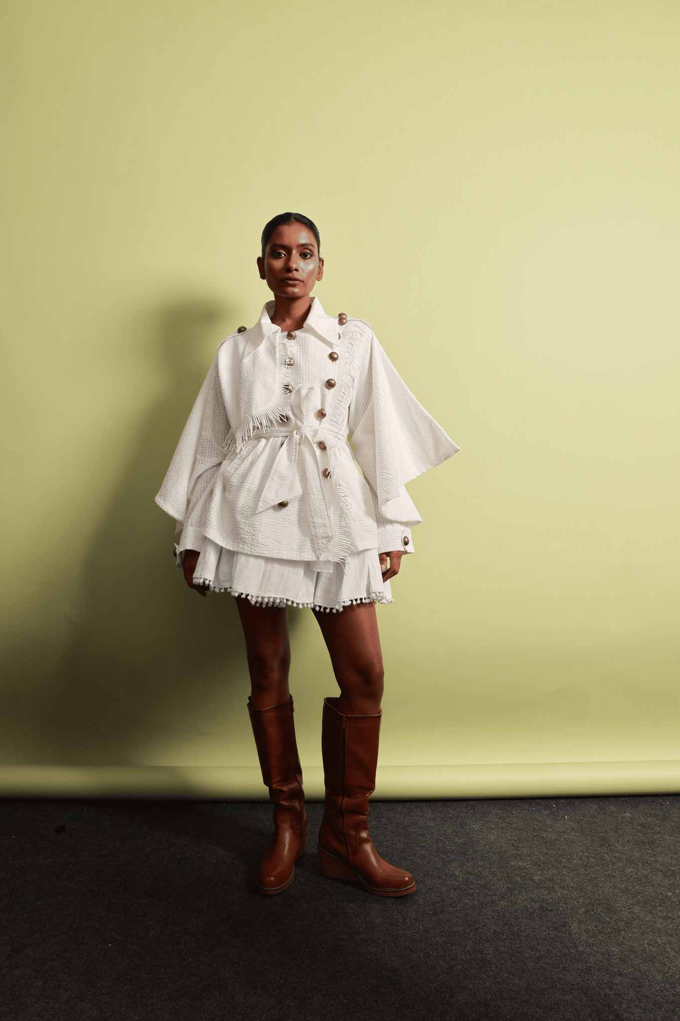 Seersucker Double-Breasted Jacket & Pompom Edge Mini Skirt Set