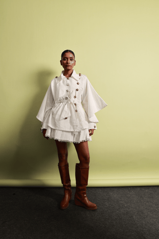 Seersucker Double-Breasted Jacket & Pompom Edge Mini Skirt Set