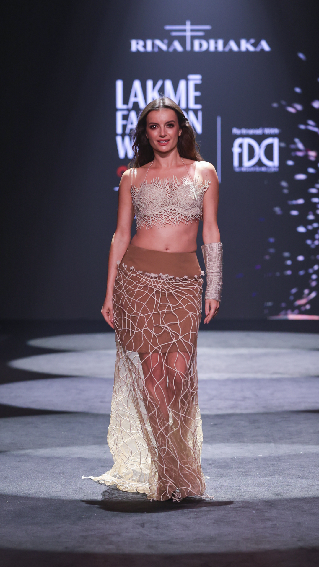 Lattice Cotton Jaali Bra Top & Tulle Cord Appliqué Maxi Skirt