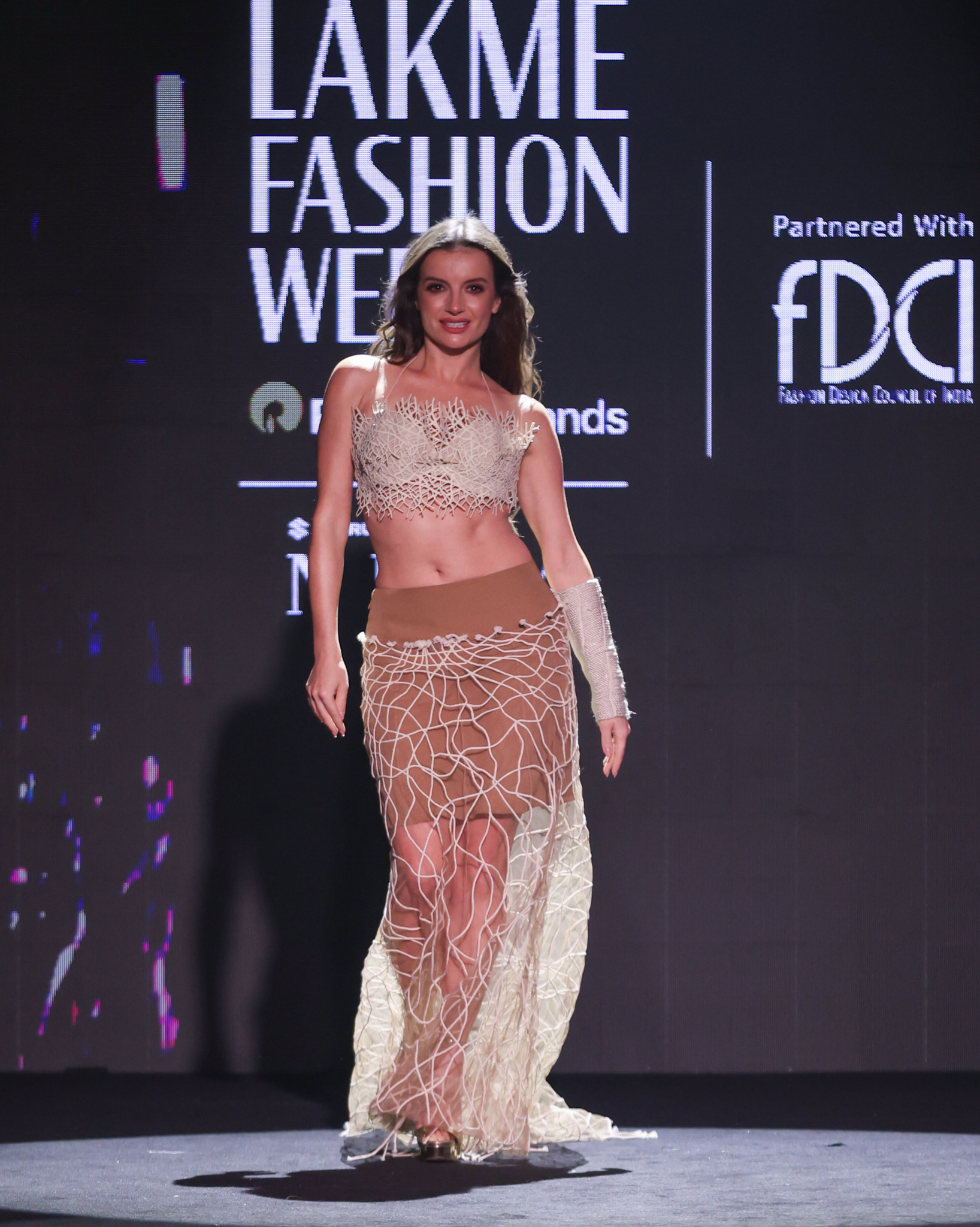 Lattice Cotton Jaali Bra Top &amp; Tulle Cord Appliqué Maxi Skirt Set